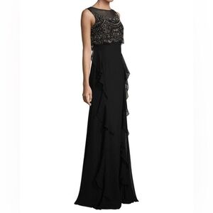 BASIX BLACK LABEL Elegant black evening gown with beaded illusion bodice Size 14